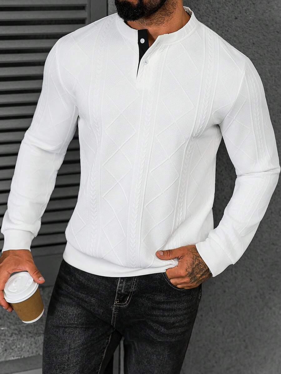 Manfinity CasualCool Men's Autumn Button Design Textured Geometric Pattern Pullover Sweatshirt