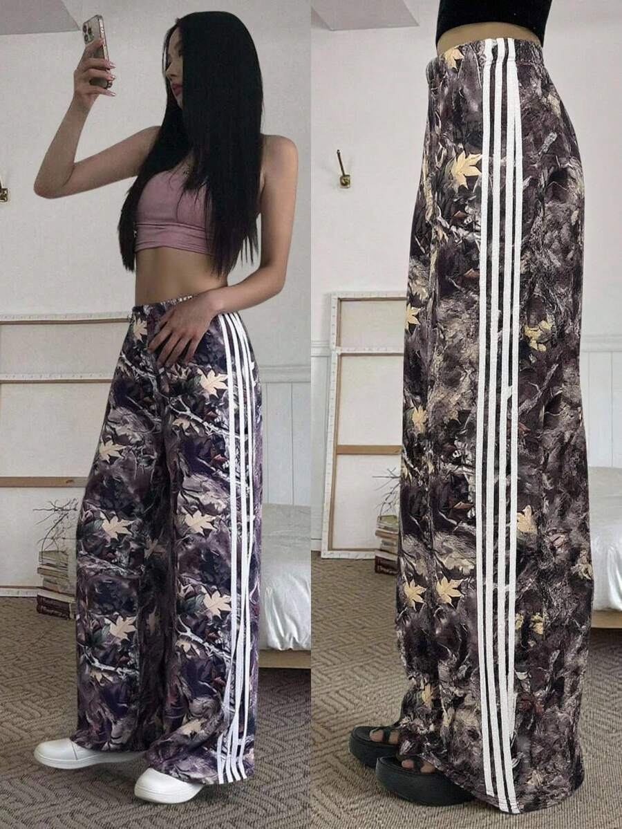少女拼色条纹树枝和树叶印花裤 - 彩色 - 查看 1