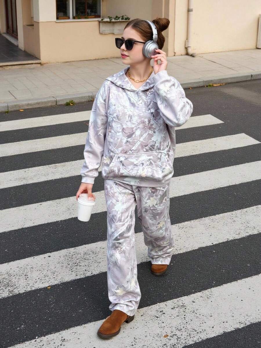 2pcs/Set Tween Girls Letter Print Hoodie Sweatshirt + Green Cargo Pants Casual Street Style Outfit, Autumn/Winter - Light Grey - View 1