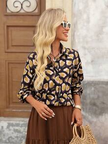 Brillora Camisa casual de manga larga con estampado total y abotonadura sencilla para mujer, estilo bohemio, boho chic, boho, ropa occidental, otoño, Halloween, salir, estilo de dinero antiguo, elegante - Negro - Ver 2