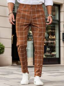 Manfinity Homme 男士格子直筒休闲裤，带口袋 - 珊瑚橙 - 查看 4