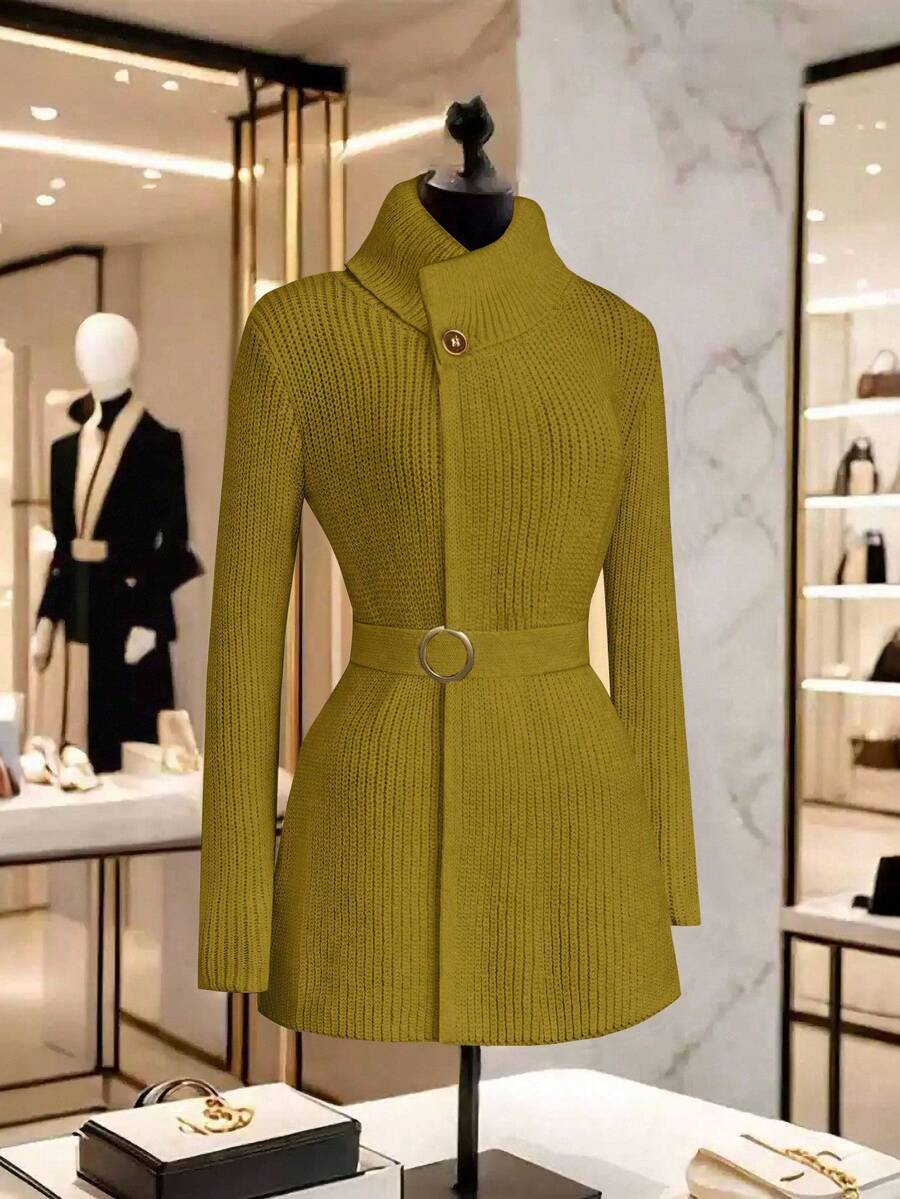 GlowEve 女士优雅通勤纯色开衫（配腰带），秋冬 - 芥末黃 - 查看 1