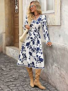 Brillora 女士花卉印花V领长袖休闲中长连衣裙，度假风 - 藍色 - 查看 5