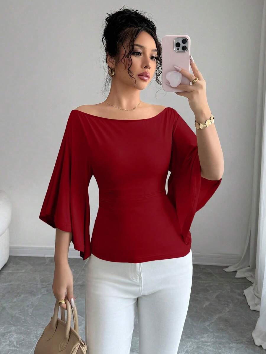 Elenzga Áo len dệt kim cổ thuyền tay loe ôm sát màu trơn dành cho nữ - Màu Đỏ Sâu - Xem 1