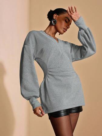 Vesra Djup V-ringad, överdimensionerad långärmad tröja, unik design, medellång, lämplig för höst/vinter