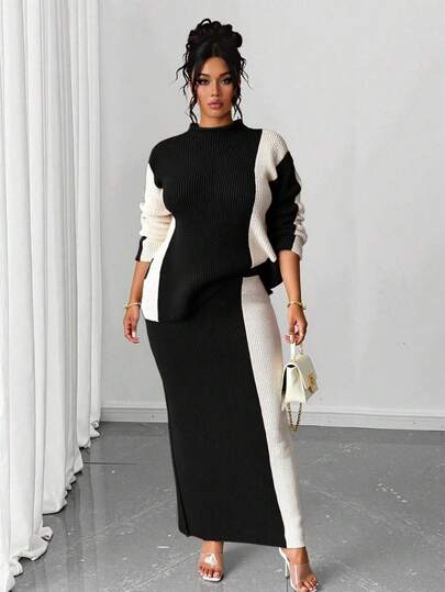 Elenzga Plus Size Women Contrast Color Stand Collar Long Sleeve Sweater And Knitted Midi Skirt Casual Suit, Autumn/Winter