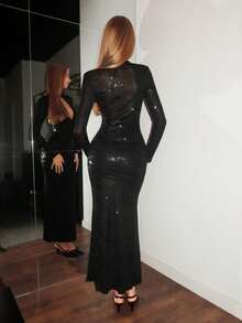 EgrlEra Women's Sexy Deep V-Neck Long Sleeve Solid Color Ruffle Maxi Dress