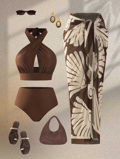 Swim Oasis Plus Size Women's Coffee Criss-Cross Halter Hollow Out Top And High Waist Bikini Bottom Set, Paired With Patterned Mesh Maxi Dress, Summer Beach Vacation