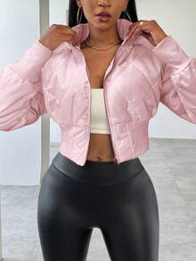 SHEIN Unity 女士冬季保暖连帽拉链短款羽绒服 - 淺粉色 - 查看 6