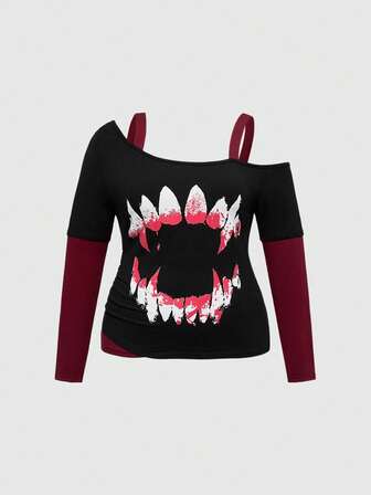 Goth Camiseta de talla grande con estampado de colmillos de sangre góticos, bloque de color contrastante y hombro asimétrico, Navidad