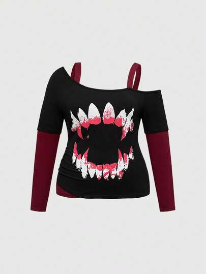 Goth قميص تي شيرت بطبعة أنياب الدم ذو لون متباين وتصميم غير متماثل للكتف مقاس كبير، عيد الميلاد