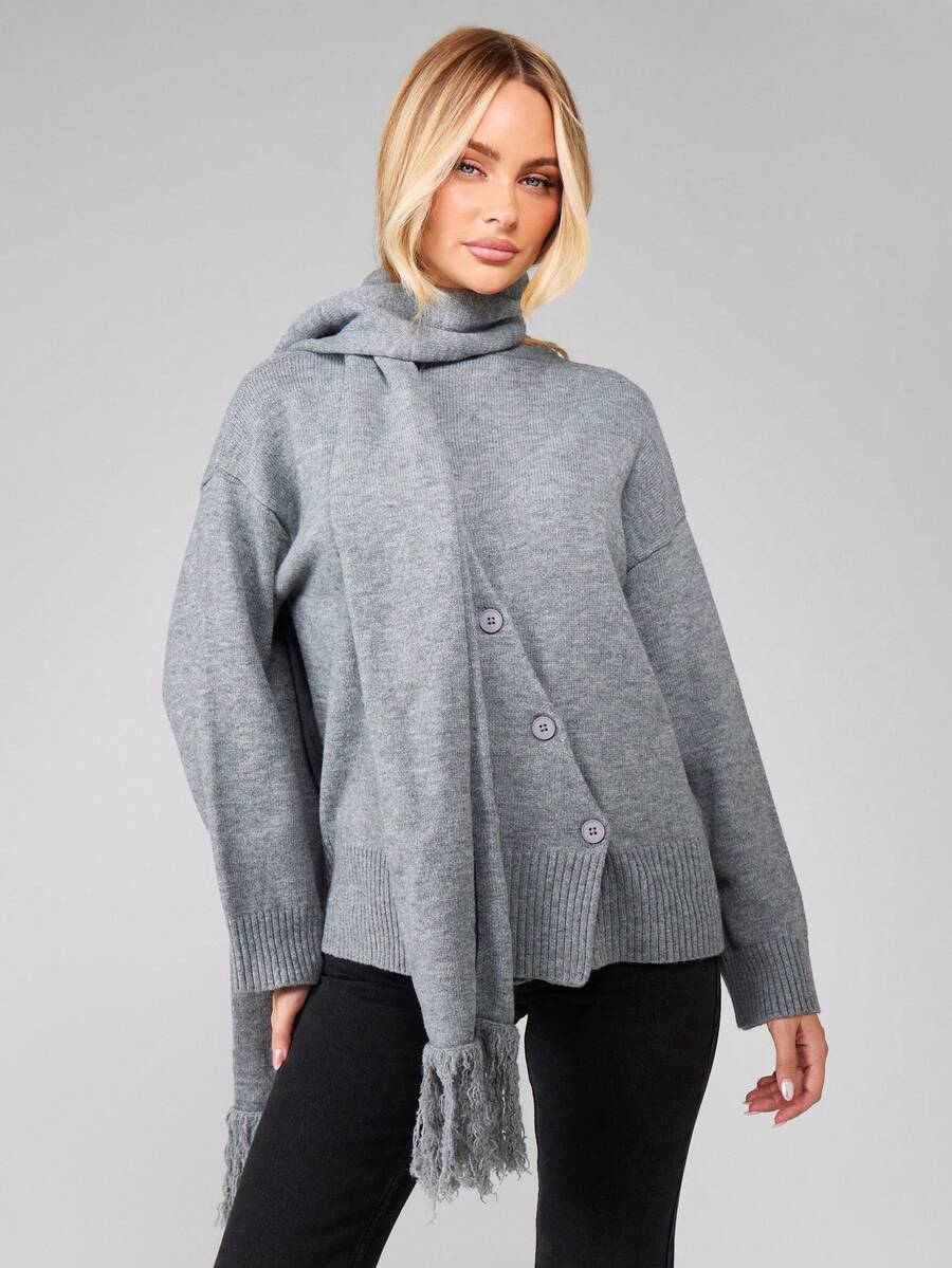MISSGUIDED Cardigan asimmetrico con bottoni e dettaglio sciarpa, maglione oversize in maglia confortevole, essenziale per i look a strati in autunno e inverno - Grigio - Visualizzare 1