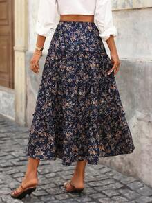 Brillora Falda casual versátil de múltiples capas con estampado floral diminuto para mujeres, apta para otoño/invierno, Año Nuevo, vacaciones, estilo bohemio. Falda larga azul marino con estampado de plantas y detalle de volante y abertura para mujeres - Azul Marino - Ver 3