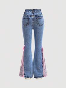 Girlism Girls' Pink Ribbon Bow Lace Blue Denim Elastic Skinny Flare Pants - Medium Wash - View 4