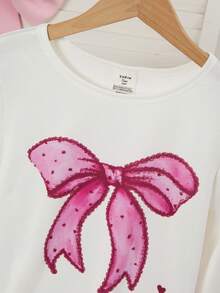 少女流行蝴蝶结元素，粉色系紧身圆领长袖和裤子家居服套装，采用高弹力亲肤面料制成，适合节日、节日和日常穿着的甜美家居服 - 白色 - 查看 4