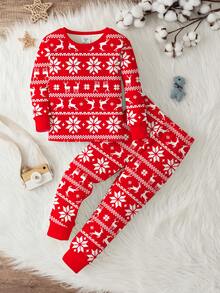 SHEIN 小男孩经典圣诞图案印花紧身圆领长袖上衣和裤子睡衣套装，饰有圣诞雪花和驯鹿图案，适合秋冬季和圣诞节 - 彩色 - 查看 3