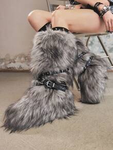 Sugerpunk 2025 New Mid-Calf Women Snow Boots, Cross Rivet Furry Boots, Slim & Warm For Christmas - Grey - View 14