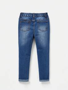 SHEIN 男童休闲松紧腰破洞水洗翻边牛仔裤 - 中等水洗藍 - 查看 2