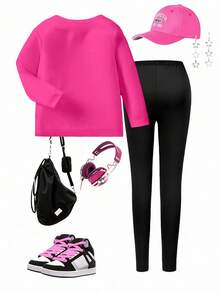 SHEIN Girls Cute Girl Silhouette Fashion Print Casual Long Sleeve T-Shirt & Leggings Set