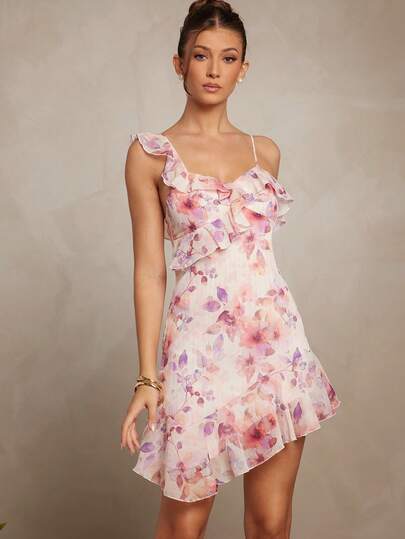L'Amorae Women's Floral Print Patchwork Ruffle Asymmetric Neck Elegant Mini Dress