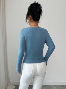 SHEIN Elenzya Elegant Hazy Blue Asymmetric Collar Long Sleeve Knit Sweater, Fashionable Everyday Versatile Women Pullover, Autumn/Winter