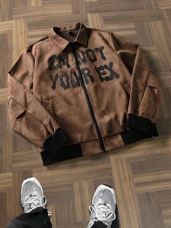 Manfinity Hypemode 남성용 패셔너블한 짧은 레터 프린트 캐주얼 긴소매 재킷, 어시 브라운 지퍼업 재킷