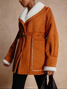 SHEIN LUNE Women's Faux Deer Suede Contrast Sherpa Collar Jacket - Brown - View 8