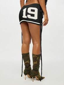SUMWON WOMEN Knitted Asymmetric Fringe Varsity Mini Skirt With Number Print And Side Ties - Black - View 2