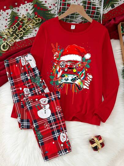 SHEIN Conjunto de pijama de 2 piezas para niños pequeños con pantalones largos a cuadros, camisa de cuello redondo de manga larga y estampados divertidos de sombrero de Papá Noel, árbol de Navidad y muñeco de nieve elegante