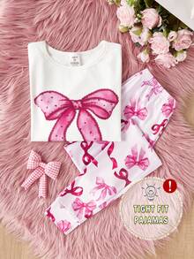 少女流行蝴蝶结元素，粉色系紧身圆领长袖和裤子家居服套装，采用高弹力亲肤面料制成，适合节日、节日和日常穿着的甜美家居服 - 白色 - 查看 3