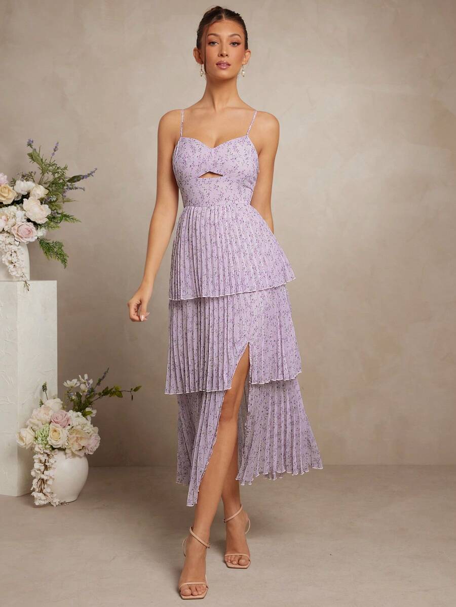 L'Amorae Vestido plisado con abertura lateral con estampado floral diminuto elegante para mujer, de verano - Púrpura malva - Ver 1