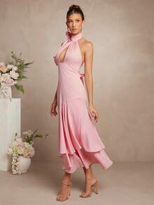 L'Amorae 优雅淡粉色雪纺高领无袖镂空蝴蝶结不对称下摆中长连衣裙 - 粉色 - 查看 1