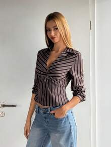 EgrlEra Women's Striped Twist Front Fitted Blouse, Suitable For Commuting