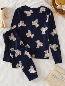 2件套男童休闲熊印花舒适长裤和长袖睡衣套装 - 黑色 - 查看 2