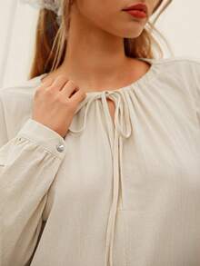 WESTFADE Bow Tie Neck Keyhole Front Cut Out Long Sleeve Tiered Ruffle Textured Cotton Blend Mini Dress Fall, Western Wear For Women, Autumn, Winter, Boho, Casual, Country Concert, Thanksgiving Outfit - Cream - View 5