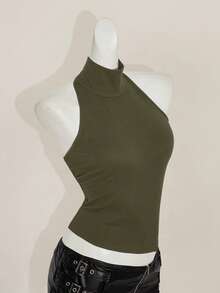 SHEIN ICON Blusa de unicolor para mujer con escote halter sexy y espalda descubierta, ajuste ceñido, adecuada para el verano y uso diario - Verde militar - Ver 5