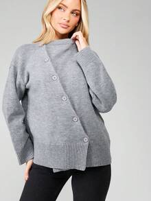 MISSGUIDED Cardigan asimmetrico con bottoni e dettaglio sciarpa, maglione oversize in maglia confortevole, essenziale per i look a strati in autunno e inverno - Grigio - Visualizzare 5