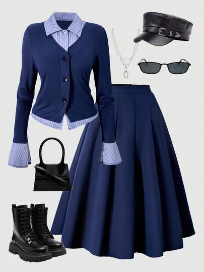 SHEIN Teenage Girls' Patchwork 2 In 1 Dress Suit, Striped Shirt Patchwork Jacket With Pleated Navy Skirt, Elastic Waist, Suitable For Autumn/Winter Outings, Walking, Shopping, Commuting