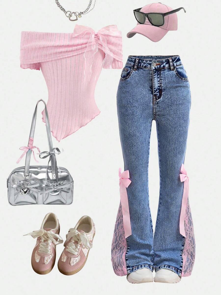 Girlism Girls' Pink Ribbon Bow Lace Blue Denim Elastic Skinny Flare Pants - Medium Wash - View 1