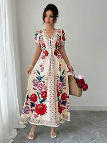 Elenzga 女式夏季优雅梭织印花束腰荷叶边连衣裙 - 彩色 - 查看 6