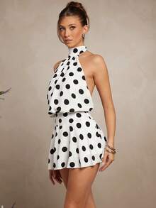 L'Amorae Elegant Sexy Polka Dot Print Backless Halter Mini Dress, 4th Of July, Birthday, Summer - Black and White - View 4