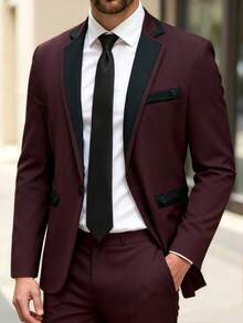 Manfinity Mode Men's Elegant Single-Button Suit Blazer Jacket, Burgundy Contrast Black Design, Visually Striking With Layered Styling, Suitable For Commuting, Business, Parties And Banquets. This Suit Jacket Is An Indispensable Versatile Item In A Man's Wardrobe, Making It A Great Gift For A Boyfriend Or Husband, For Christmas