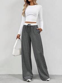 SHEIN Tall 女款撞色腰阔腿裤 - 深灰色 - 查看 7