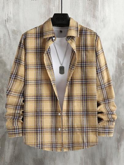 Manfinity Homme Men Yellow Plaid Long Sleeve Button-Front Casual Versatile Shirt, Fall