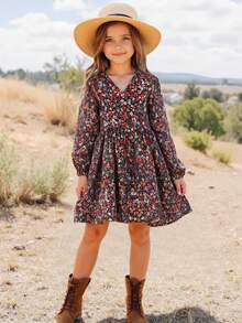 Emery Rose Kids Emery Rose Kids Tween Girl Ditsy Floral V Neck Lantern Long Sleeve Casual Boho A-Line Dress,Autumn Winter - Black - View 3
