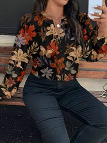 EMERY ROSE Plus Size Maple Leaf Print Shirt, Suitable For  Party Thanksgiving,Flower/Spring/Summer/Vacation - Multicolor - View 5