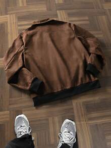 Manfinity Roghcode Fashionable Short Letter Print Casual Long Sleeve Jacket For Men, Earthy Brown Zip Up Jacket - Camel - View 2