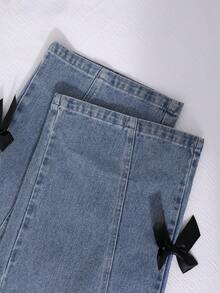 SHEIN 2件套青少年女孩韩版蝴蝶结运动衫和复古宽松直筒牛仔裤套装 - 灰色 - 查看 6