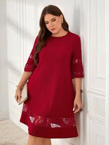 Miaspire Plus Size Red Mom Round Neck Lace Patchwork Elegant Office Lady Winter Dress