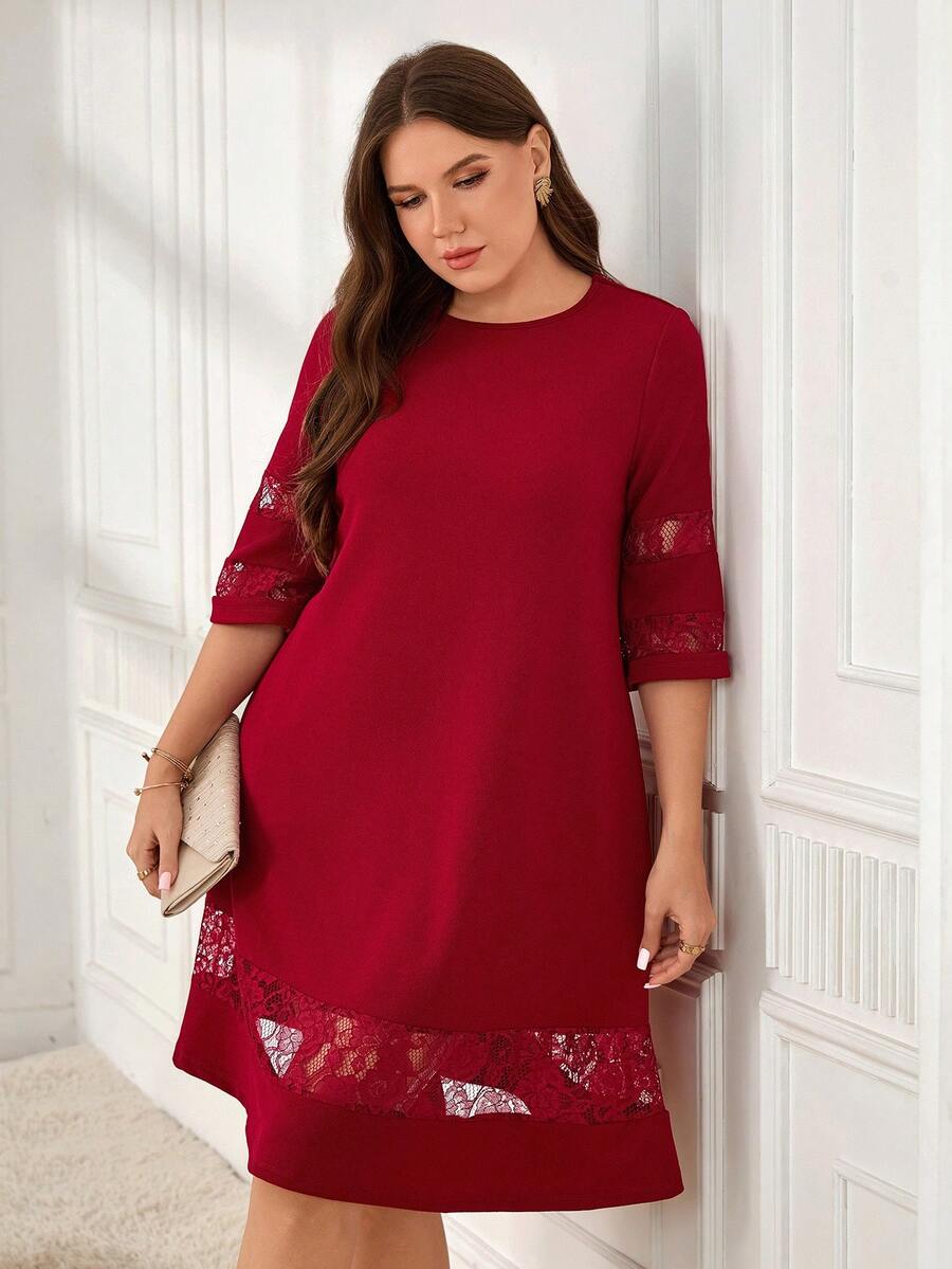 Miaspire Plus Size Red Mom Round Neck Lace Patchwork Elegant Office Lady Winter Dress